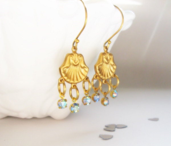 Golden Seashell Rhinestone Charm Chandelier Earrings - Vintage Brass Seashells and Vintage Crystal Charms Dangle Earrings