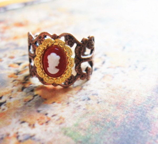 Sweet Vintage Cameo Valentines Adjustable Copper Ring