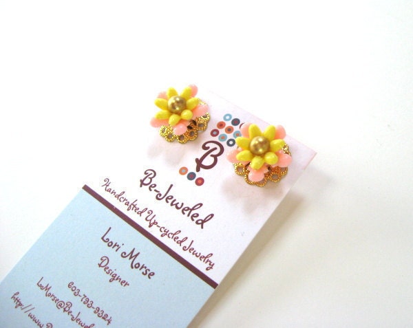 Blooming Yellow and Petal Pink Petite Post Earrings - Vintage Yellow and Pink Lucite Flower Post Earrings