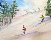large original watercolor painting skiing snow winter landscape mountains pine trees sports fine art 18 x 24 frame ready - JaniceTraneJones