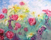 large impasto impressionism flower original oil painting garden landscape canvas palatte knife floral sunflowers roses fine art 16 x 20