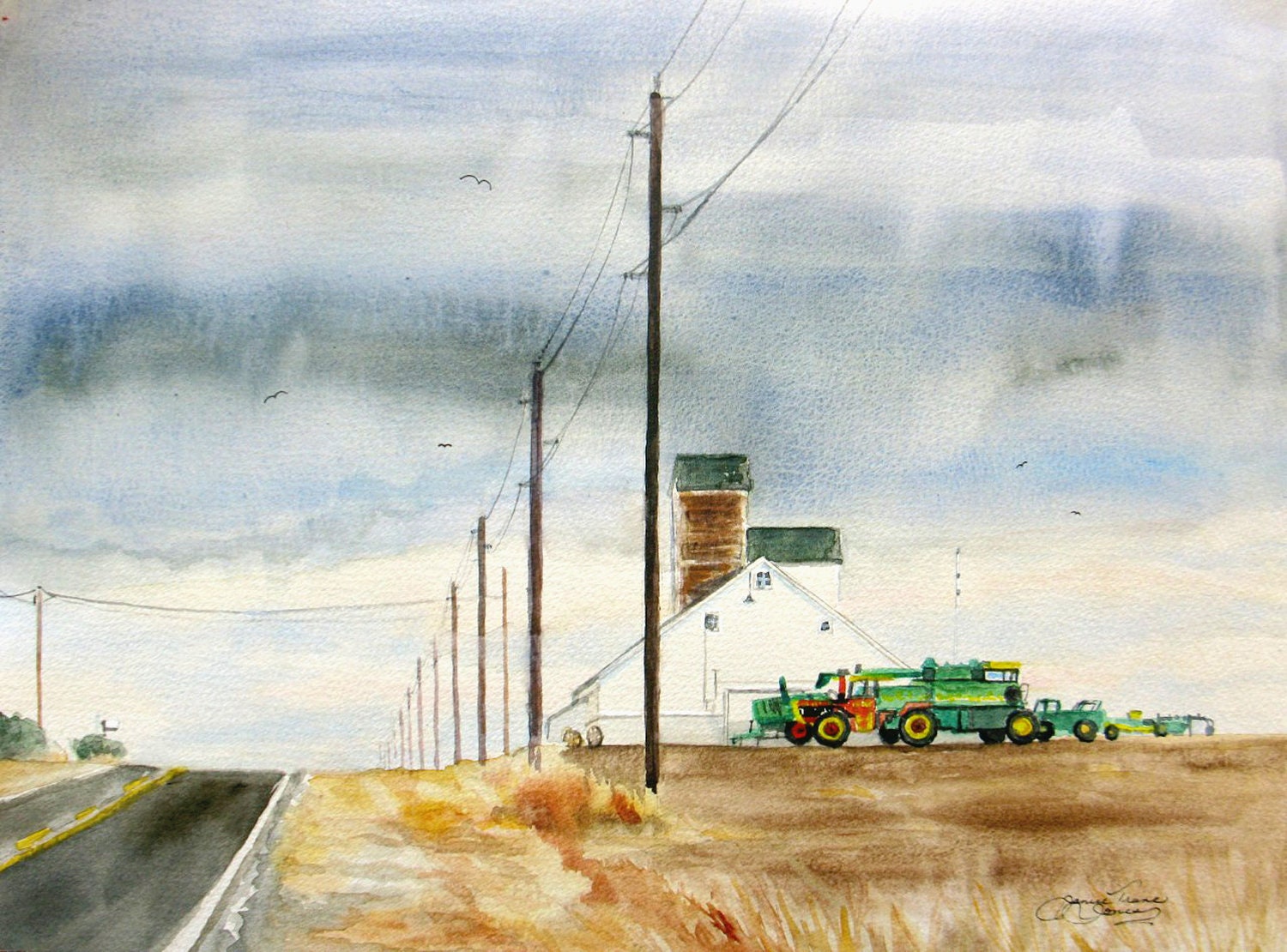 Original watercolor landscape painting impressionism farm tractor midwest realism fine art 16 x 20 frame ready