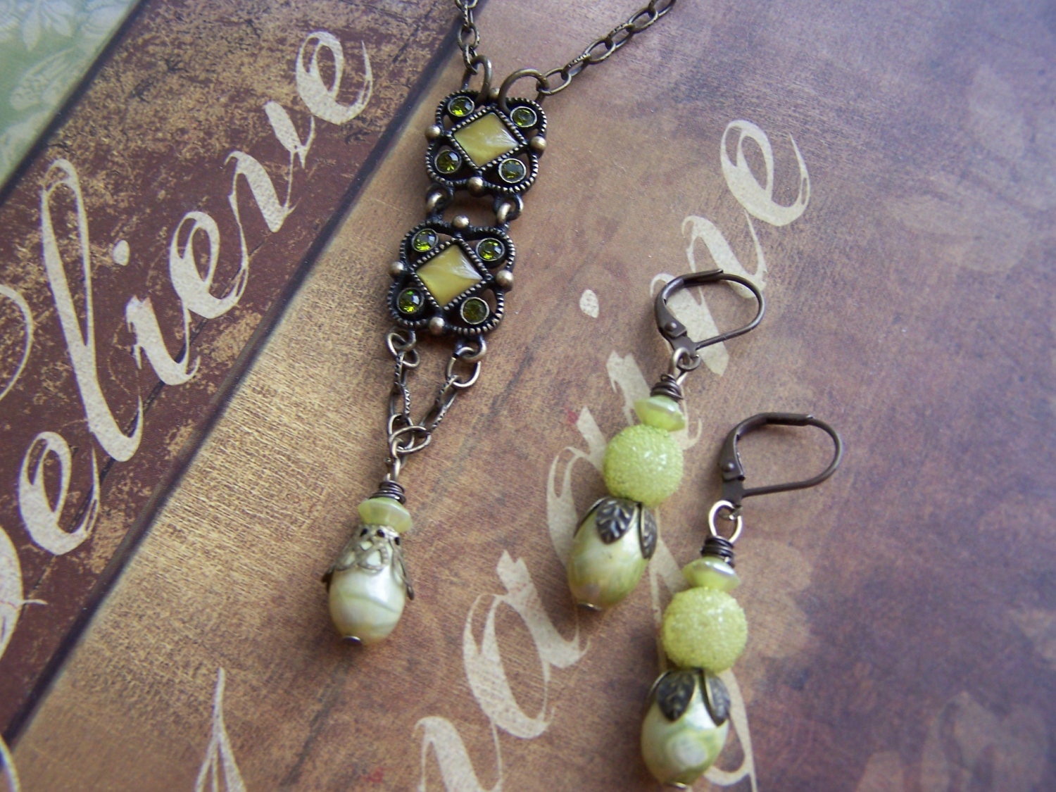 Upcycled Vintage Soft Green  and Brown Necklace and Earring Set