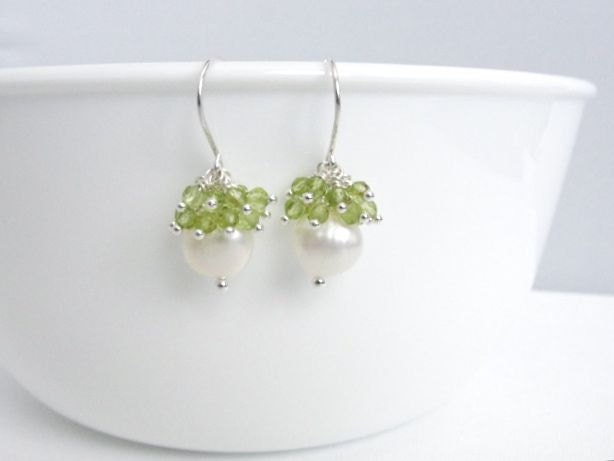 August Birthday: Peridot, Earrings, Sterling Silver, Designer, Birthstone, Pearl, Gemstone, Clusters, Dangle, Jewelry  0091