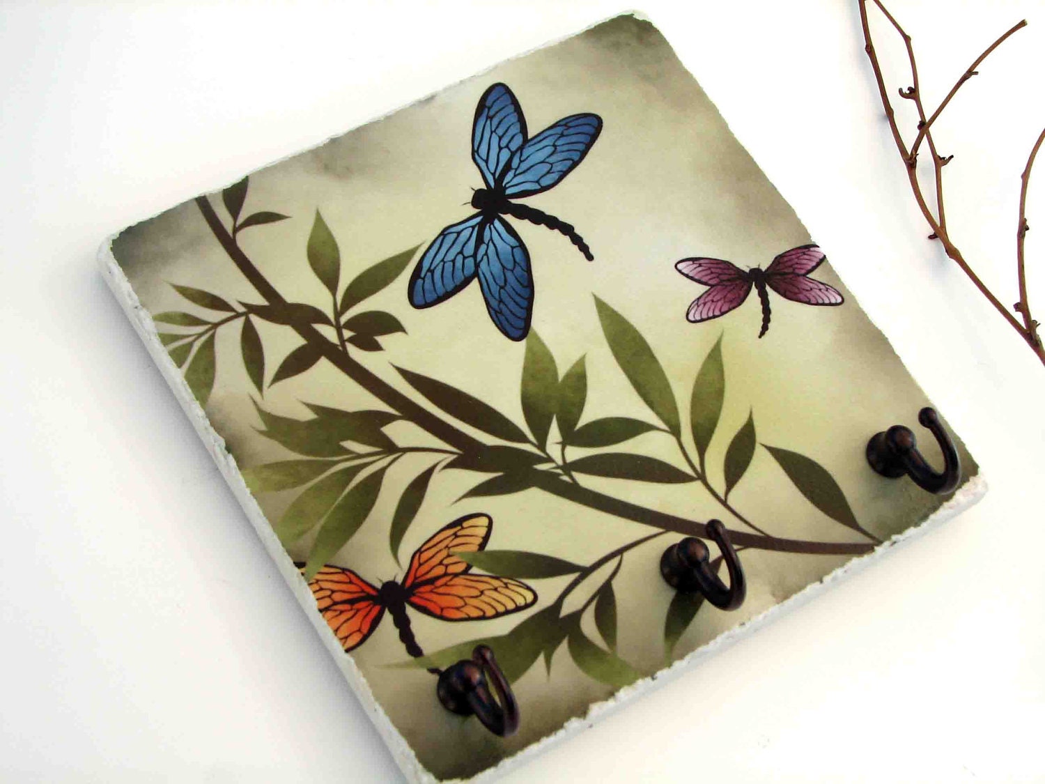 Dragonfly Art Key Rack, Green Decor Key Hook, Jewelry Organizer Wall Hooks, Key Holder, Natural Stone Wall Tile, Natural Colors (25)