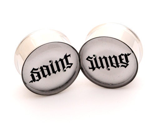 Saint and Sinner Picture Plugs gauges - 1 1/8, 1 1/4, 1 3/8, 1 1/2 inch