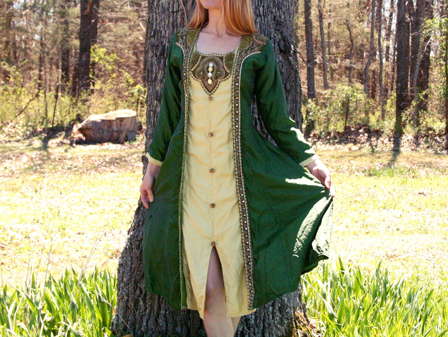 Vintage 60s 70s  Ethnic Green Silk Tunic Dress S M - Mirrored Buttons & Trim - Sargeant Pepper - Hippie - Made in India