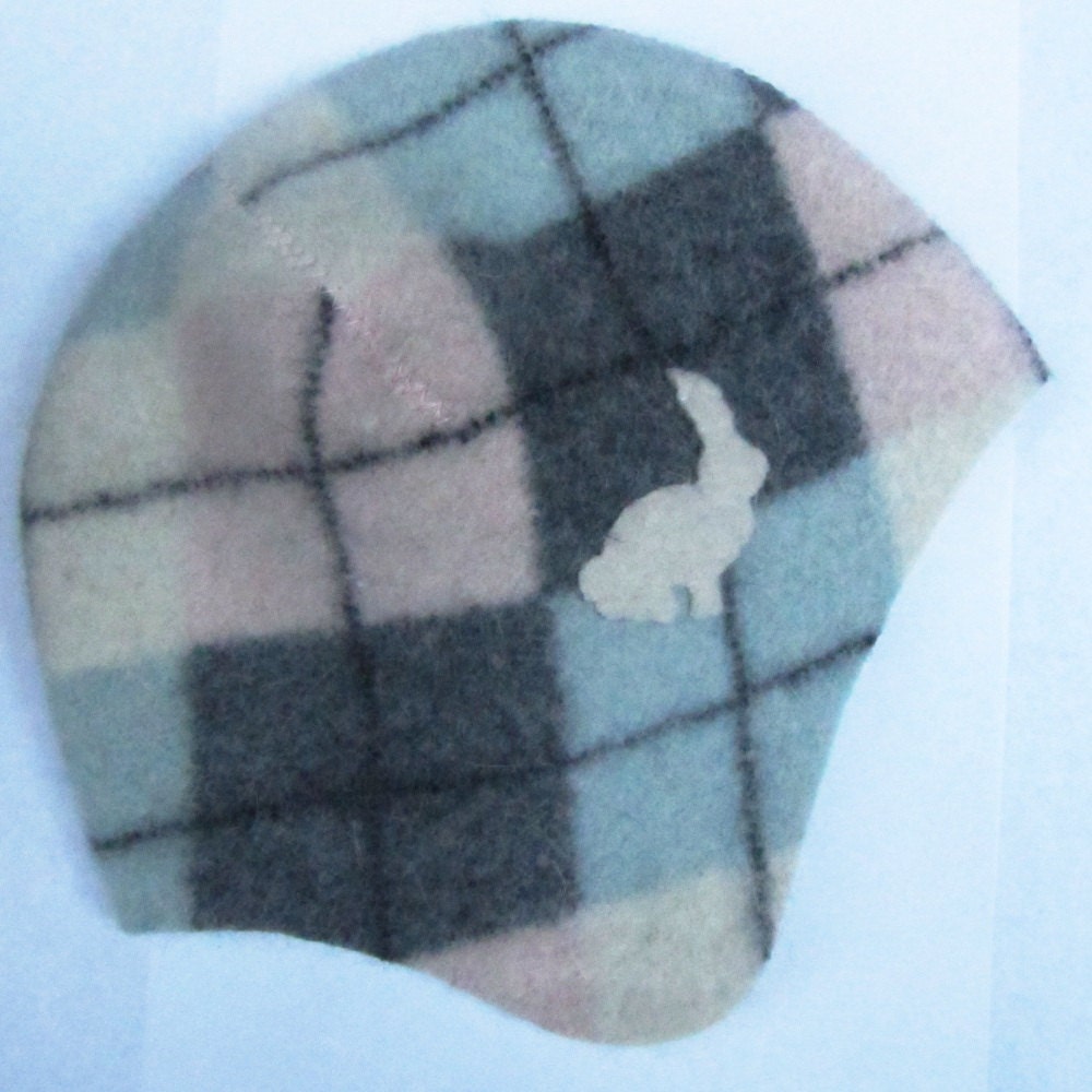 Pink and Gray Argyle Baby Hat- Felted Wool and Angora Hat with White Rabbit, size 6 to 12 months