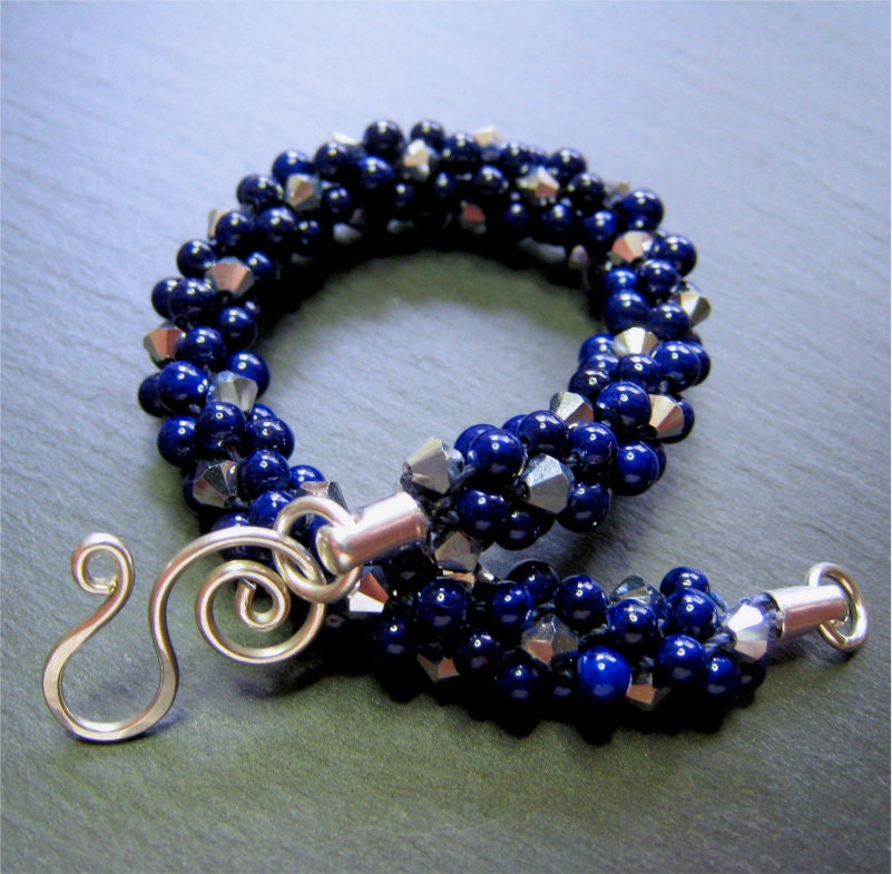 Kumihimo Bracelet, Navy Blue and Silver beads with Handmade Sterling Silver Clasp - B81