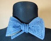 Reversible Bow Tie Blue Cotton/ Beige with Top Stitching