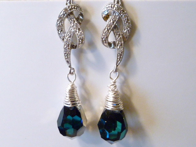 Sterling Silver Wire Wrapped Blue Crystal Love Knot Earrings