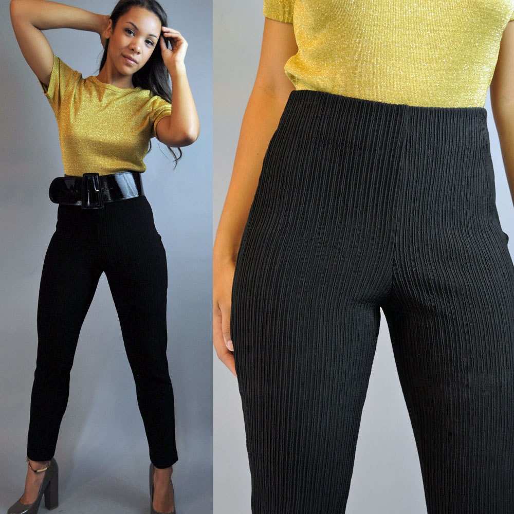 High Waisted Pants Cigarette Skinny Pants / Alberto Makali 80s Vintage Black Textured Ankle Hipster Slacks / Ann Margaret Pencil Pants S / M