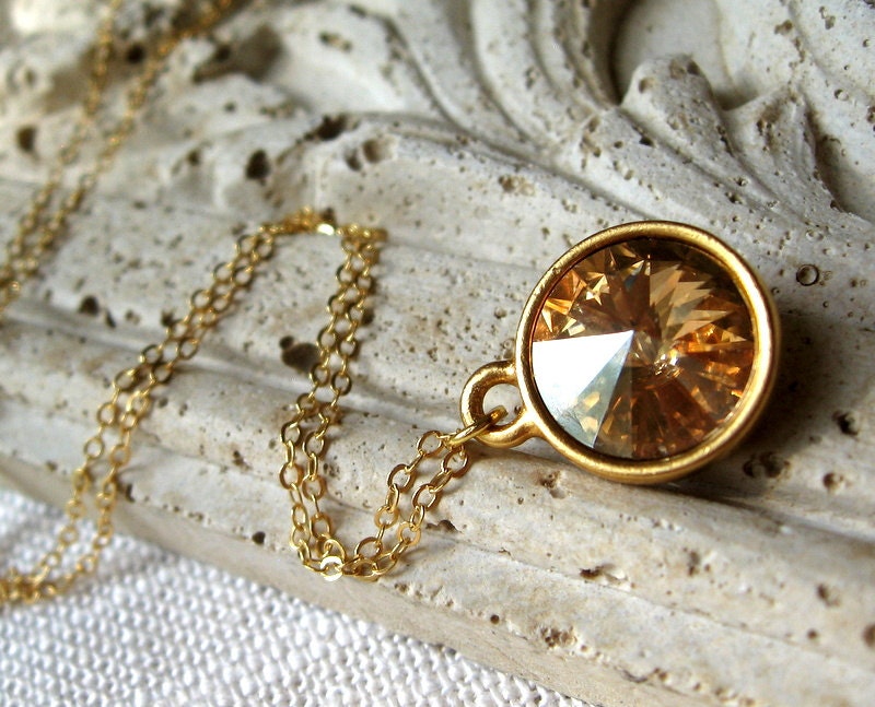Gold Crystal Necklace, Swarovski Rivoli Crystal Jewel, Gold Earrings, Bridesmaid Jewelry, 14K Gold Filled Chain - Gold Ice