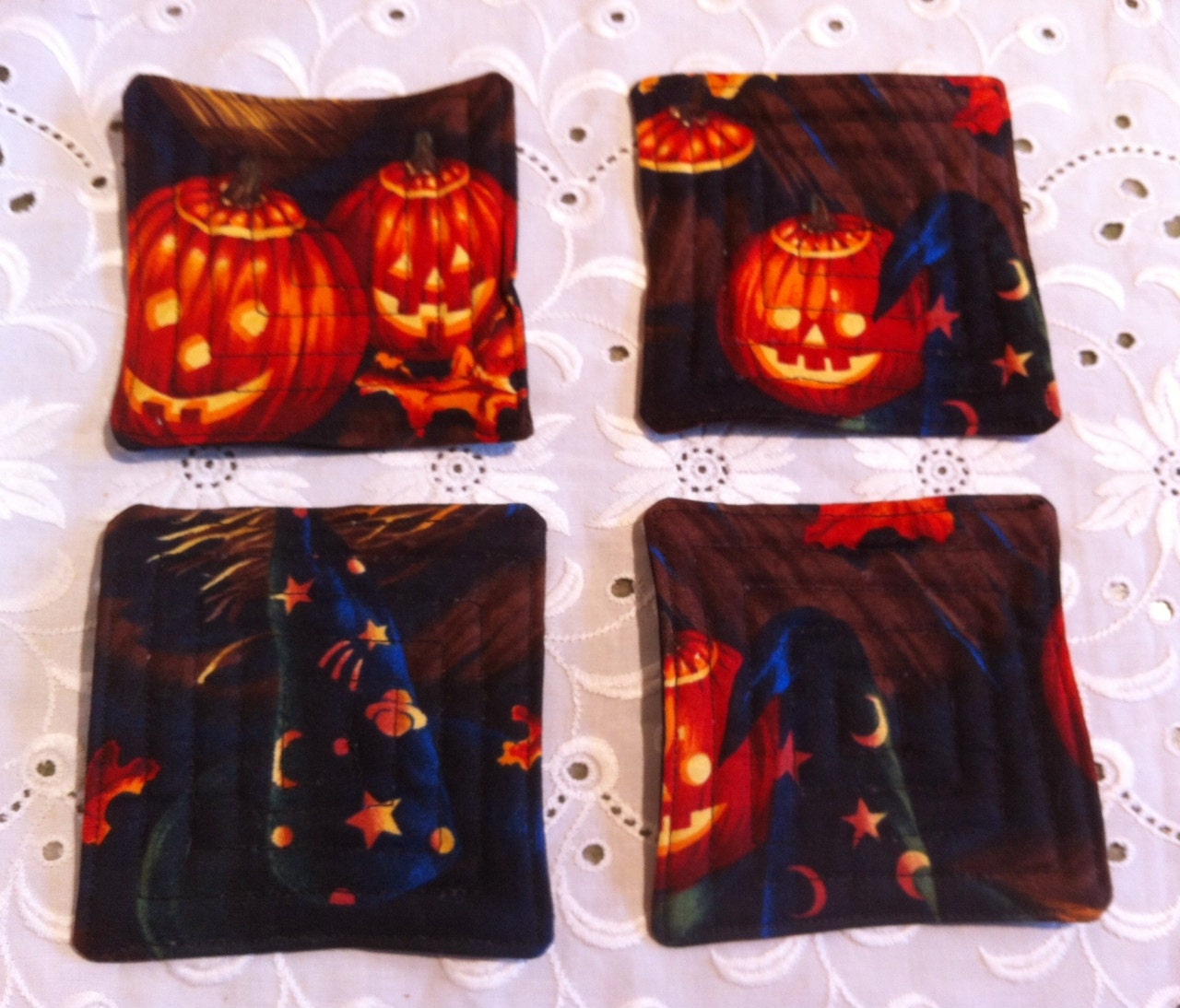 Halloween Witch hat and Pumpkin Jack o Lantern coasters.  Set of 4.  Handmade with Alexander Henry fabric.