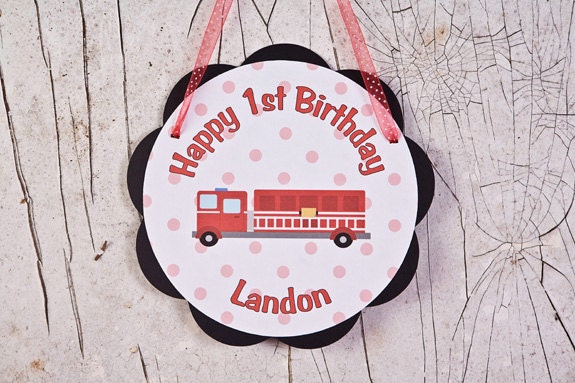Firetruck Themed Happy Birthday Party Sign Door Hanger - Firetruck Birthday Party Decorations in Red and Black Il_170x135