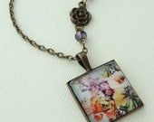 SHOP SALE- Vintage Fall Flowers Necklace in Antique Brass. Square. Orange. Purple