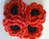Handmade Crochet Flower - Bright Coral with Black Center and Gold Flecks - 3 Teir Layered Cotton - Qty 4