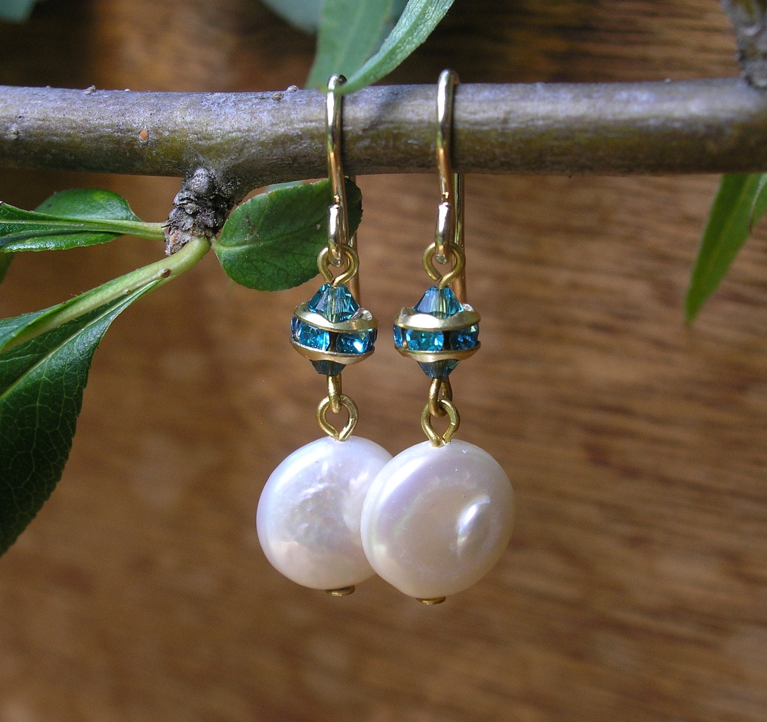 Coin Pearl Earrings with Blue Crystal Rondelles