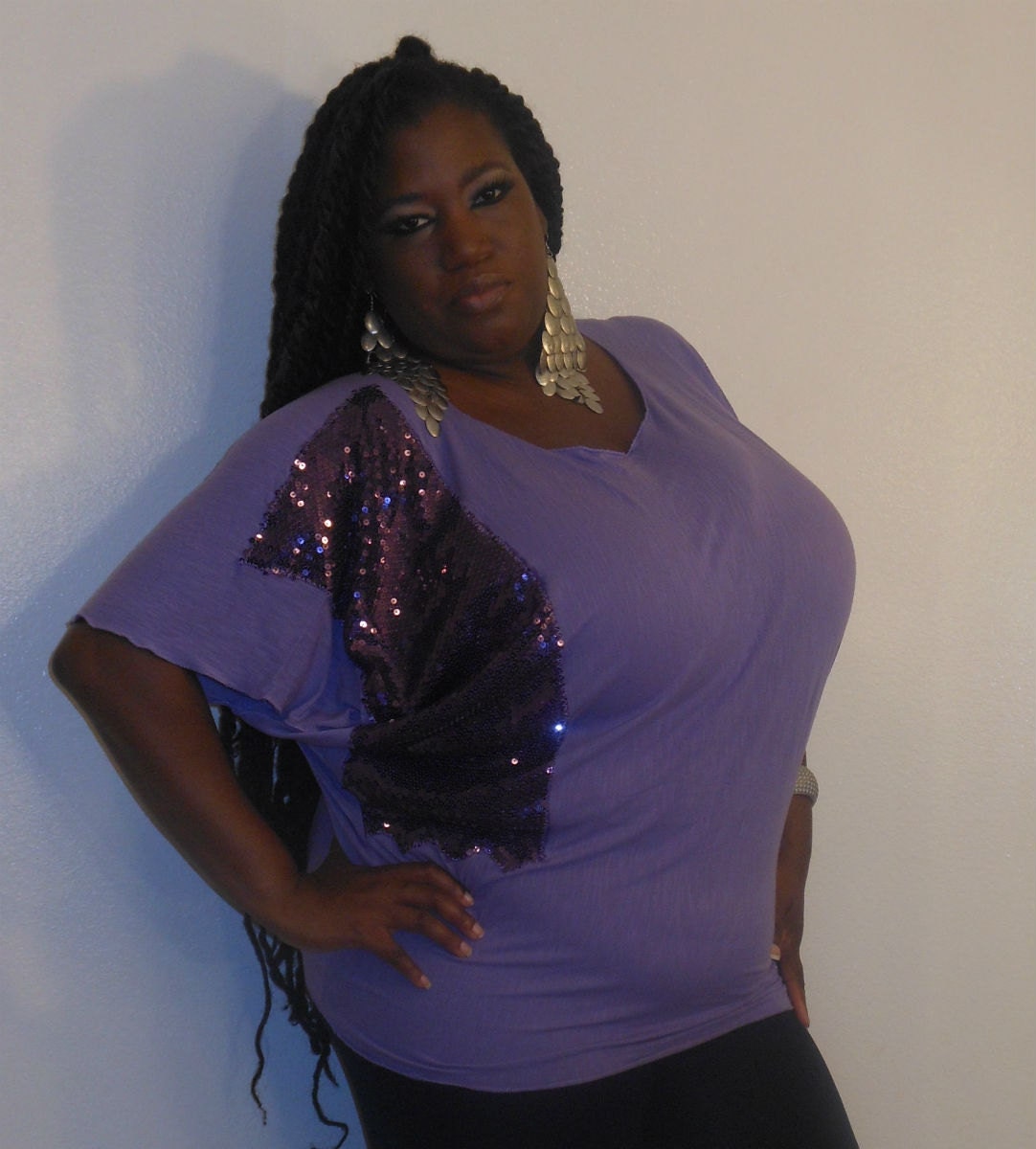 Purple Rain - Posh N Petals Knit Purple Sequin  Embellished Blouse - 1 X  - 2X Plus Size