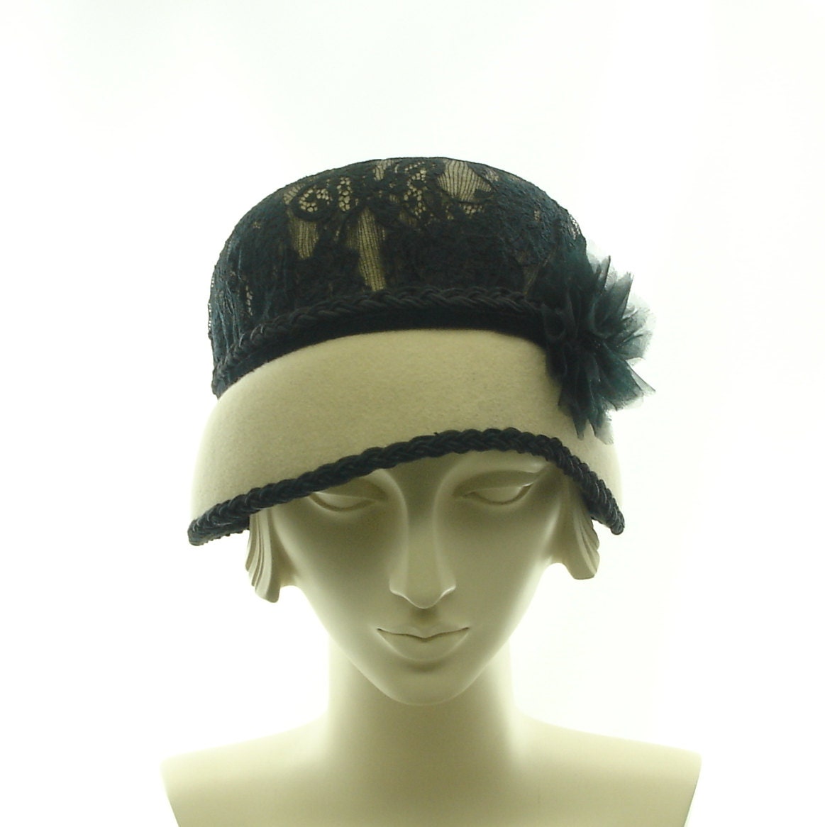 1920s Style Cloche Hat - Asymmetrical Felt Hat - Taupe & Black