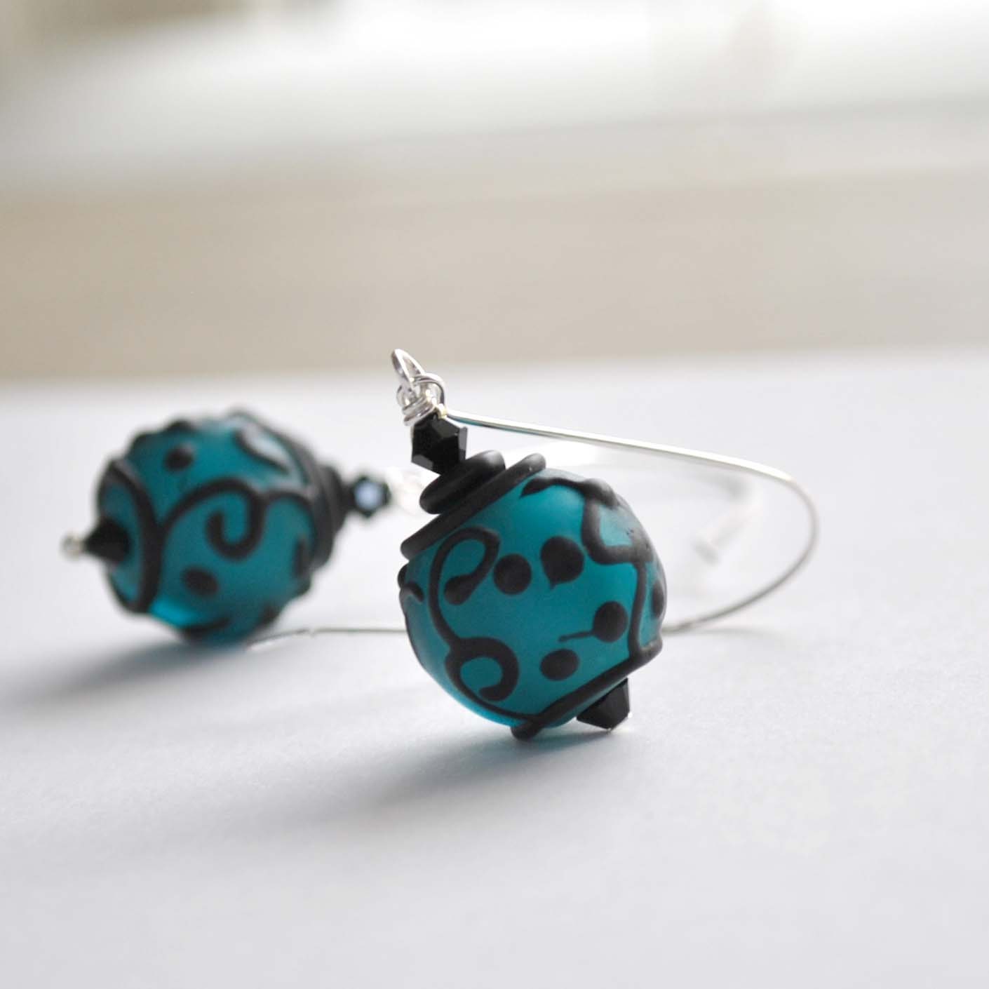 Teal Glass Earrings, Black Scroll Design, Lampwork Glass, Long Dangle