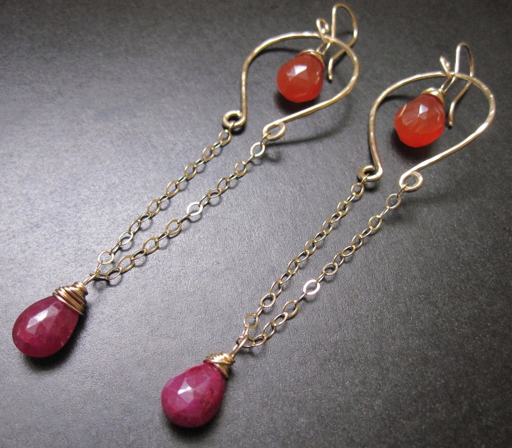 Red Ruby and Carnelian Orange - Fly Away Balloon Earrings with your choice of Gemstone - 14k gold fill handmade wire wrapped
