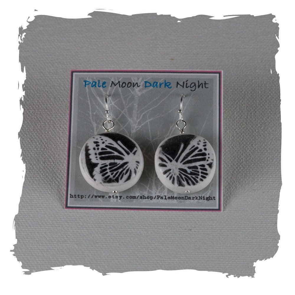 Butterfly Earrings in Black and White Double Sided with Black Lace