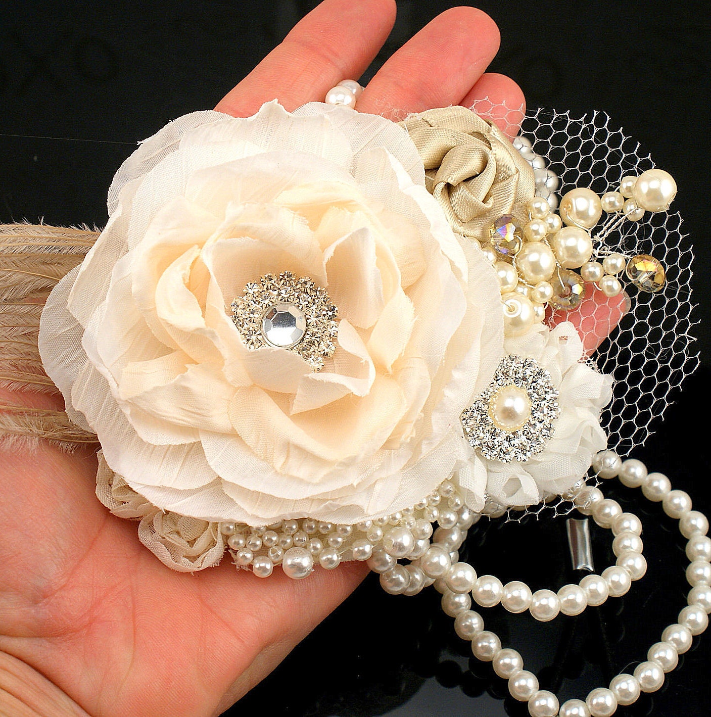 Bridal Headband - Head Piece Fascinator in Champagne and Ivory with Chiffon, Pearls and Ostrich Feathers Vintage Inspired