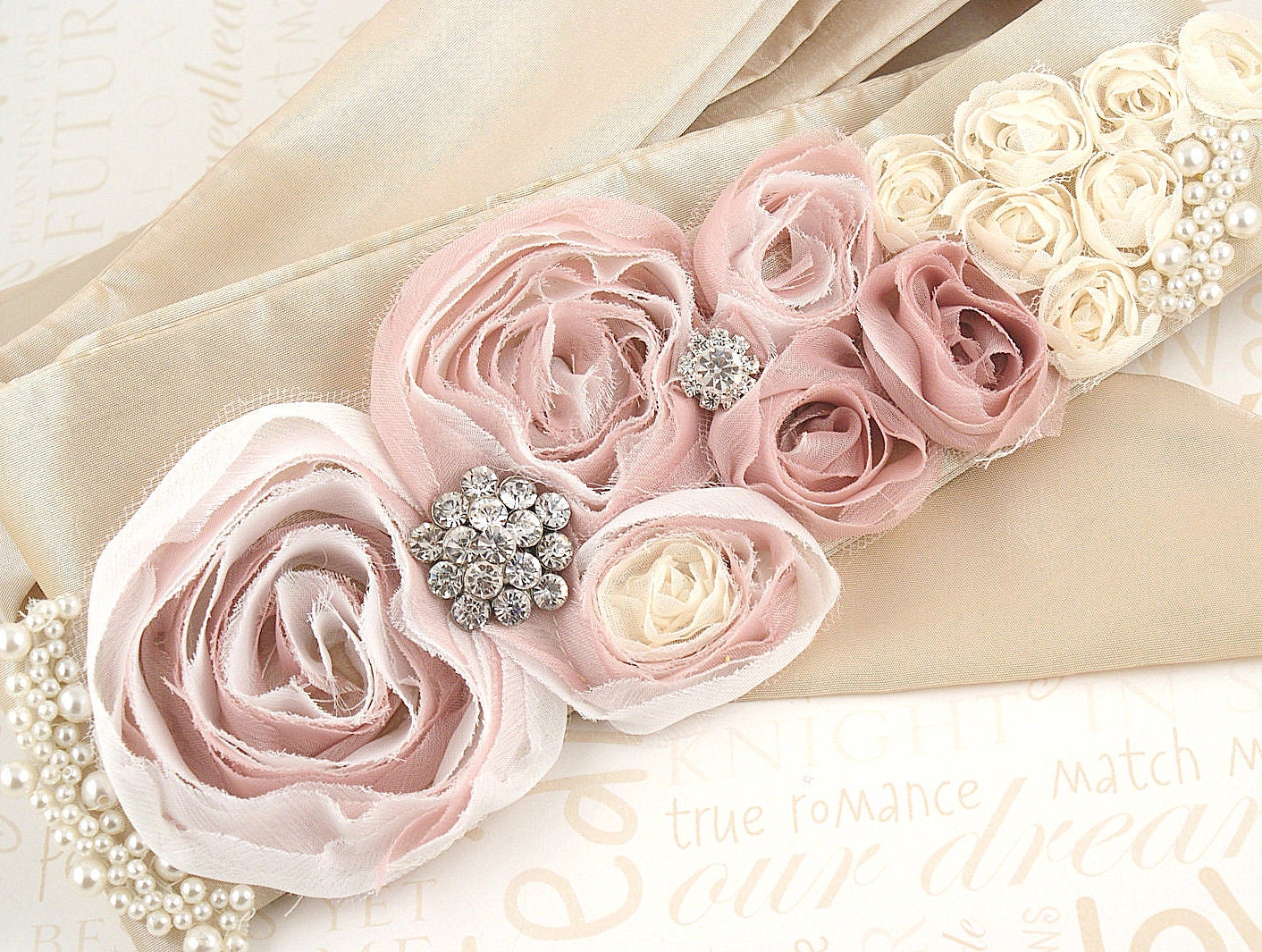 Bridal Sash in Blush, Cream and Ivory with Handmade Flowers, Brooches and Pearls- Heavenly