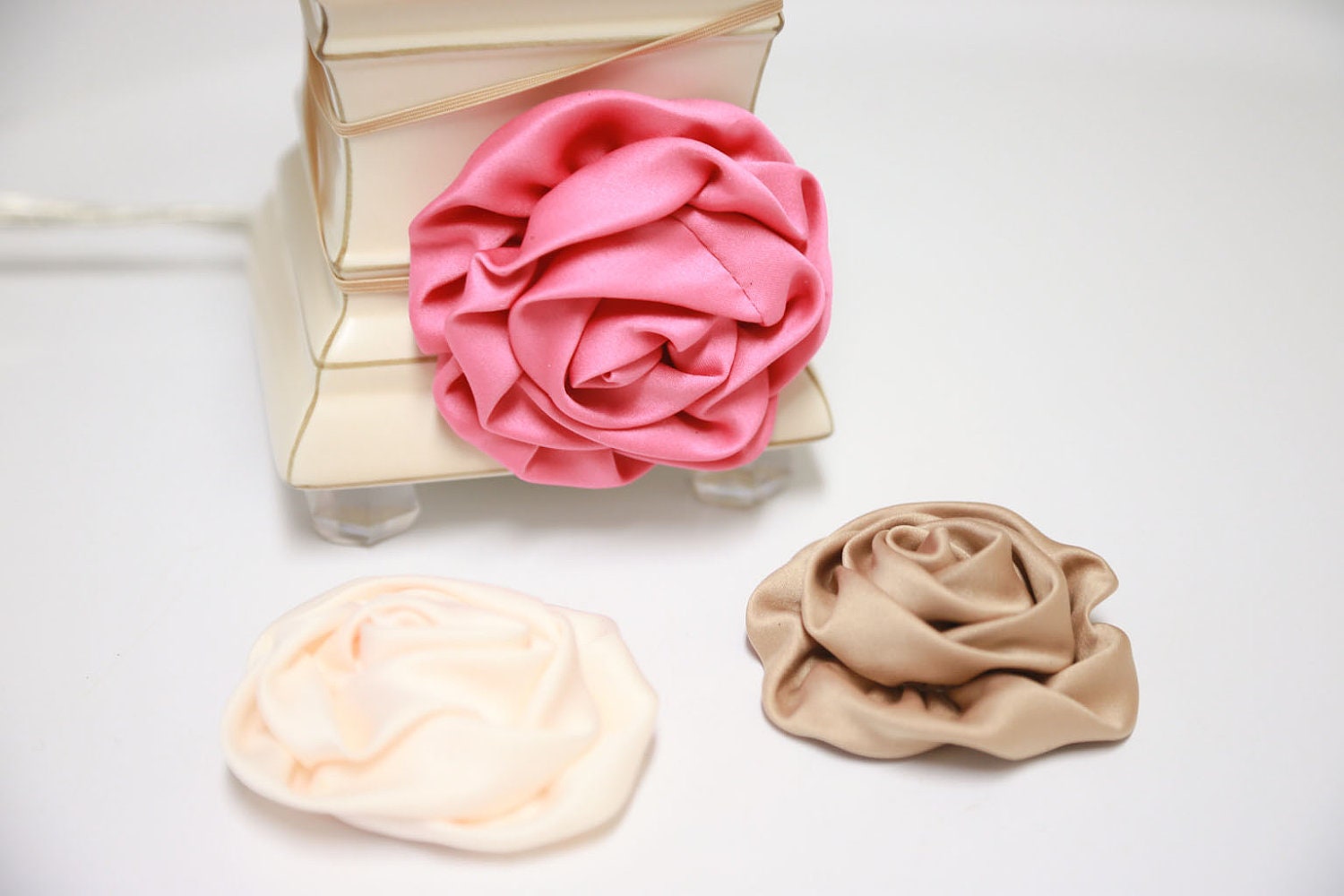 Medium Loose Satin Flower Rosette Headband in Mauve, Ivory or Mocha