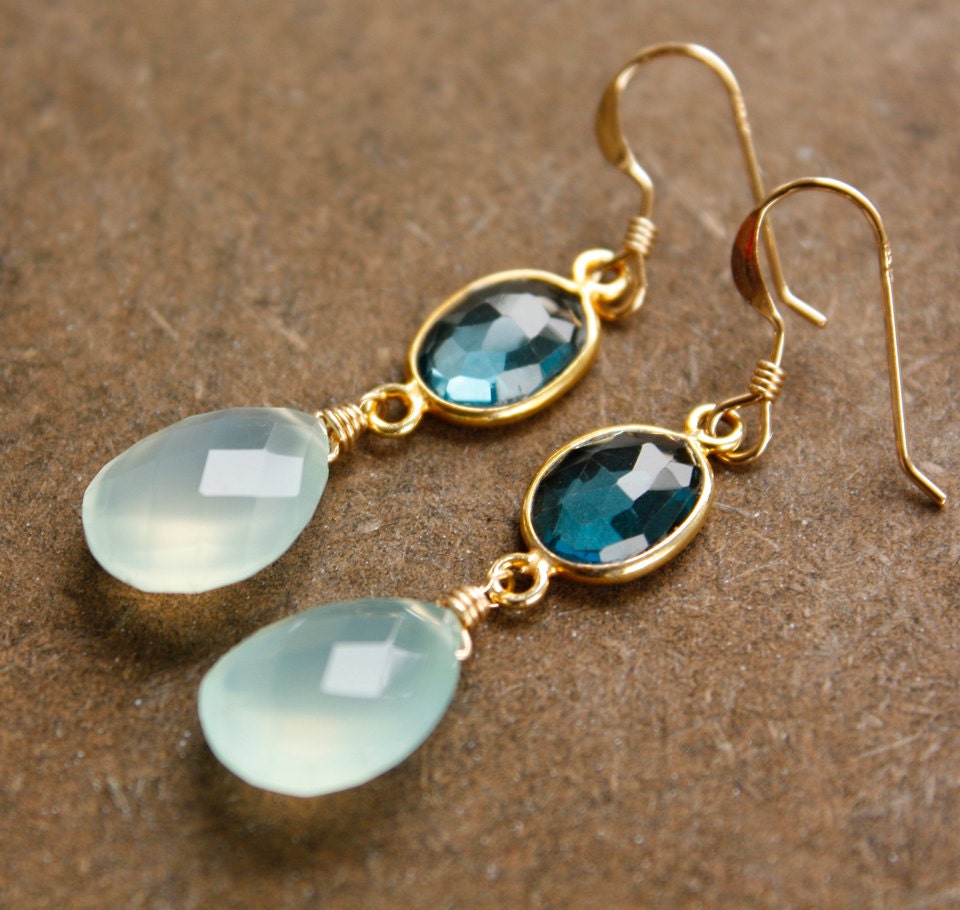 Aqua Blue Chalcedony and London Blue Topaz Teardrop Earrings - 14Kt Gold Fill - Something Blue