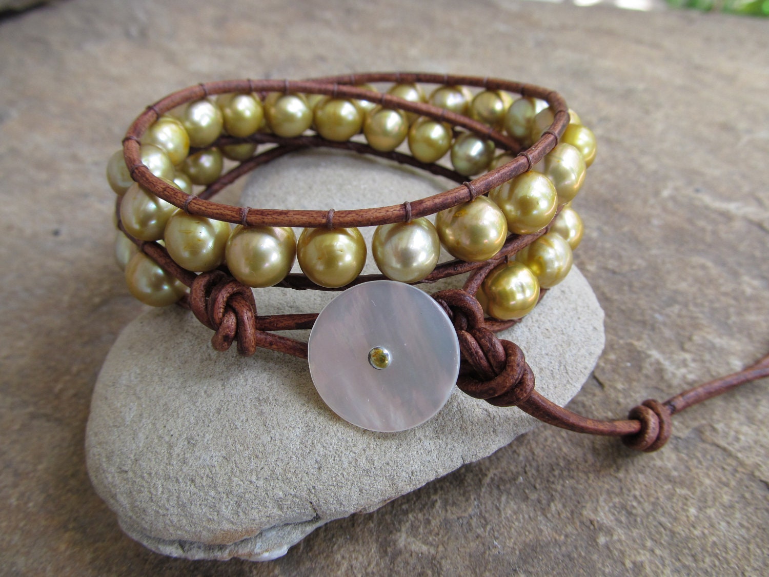 Golden Freshwater Pearl Beaded Leather Wrap Bracelet