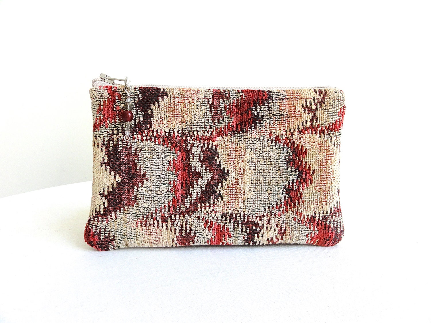Small Zippered Bag / Rustic Red with Beaded Zipper Pull - KellysKeepsakes