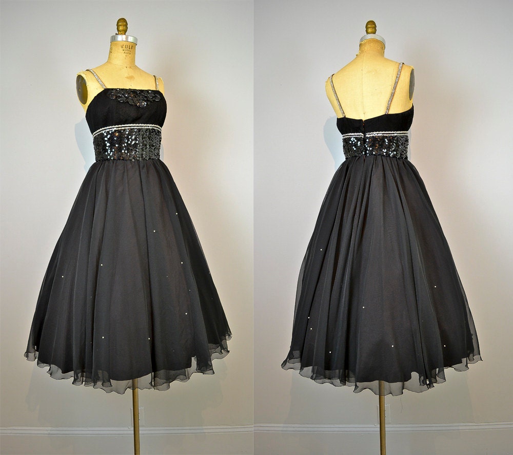 1980s dress / 1950s Style Black Chiffon Rhinestone Sequins Full Skirt Party Prom Dress