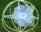 Baby Blue Organza  Layered Flower With Sequin Center and Beaded Leaves Skinny Stretchy Headband or Hair Clip