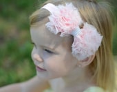 Pink Hair Bow - Pink Chiffon Hair Bow with Pearls Stretchy Pink Headband - Chic Couture - Baby Toddler Child Girls Headband