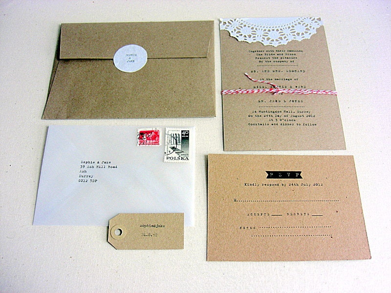 Wedding invitations,rustic sewn on doily detail,Surrey design - 50 suites