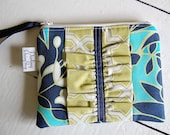 Handmade Ruffled Small Zip Pouch -  Turquoise, Navy and Apple Green Floral with an Apple Green Ruffle READY TO SHIP