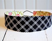 Wide Fabric Reversible Headband - Black and White Plaid with Green, Red and a Hint of Turquoise Retro Floral