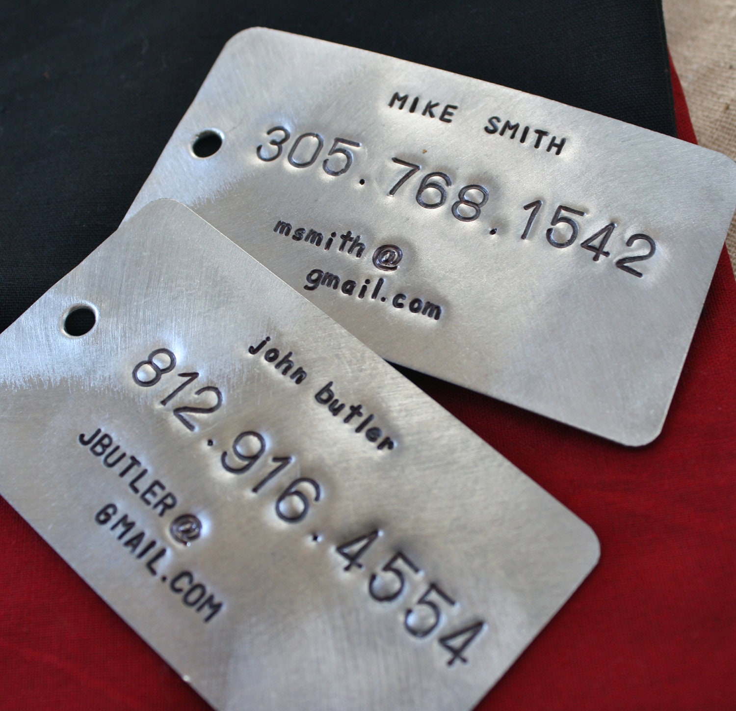 Personalized Luggage Tag - 2 Up cycled Metal Luggage Tags - Unique Bag Tags - Personalize Different Info on Each - Eco Friendly