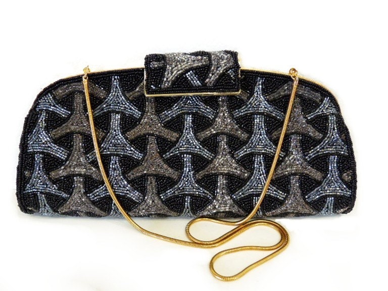 Vintage 50s Hand Beaded Purse Gold Frame Formal Evening Clutch Bag Geometric Weave