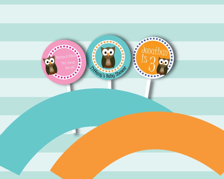 PRINTABLE PDF Owl Theme Birthday Party Baby Shower Bridal Shower Cupcake Toppers and Wrappers DIY Kit Il_570xn