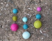 Retro Blues Color Drop ornaments  --  trio -- 3 ornaments with 3 felt balls each -- blues, pink purples, greens