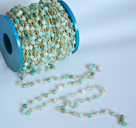 3 feet Hand Wrapped Chrysoprase Gemstones with 18k Gold Vermeil Chain