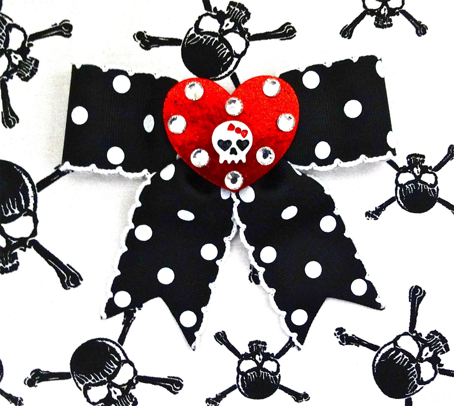 Insane Cutie Skull and Glitter Heart XL Dot Bow - Red/Black