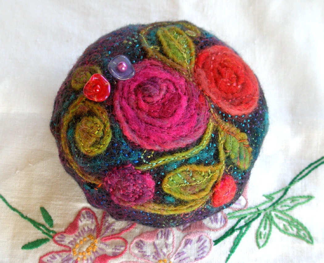 Reserved for Kimberly, Pincushion, A Passion for Purple wool with hand embroidery- made to order