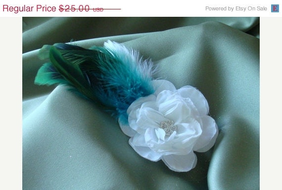 ON SALE Hair bridal accessories, Bridal Party Headpiece, White Silk Flower with Rhinestone center and turquoise, white feathers on a clip