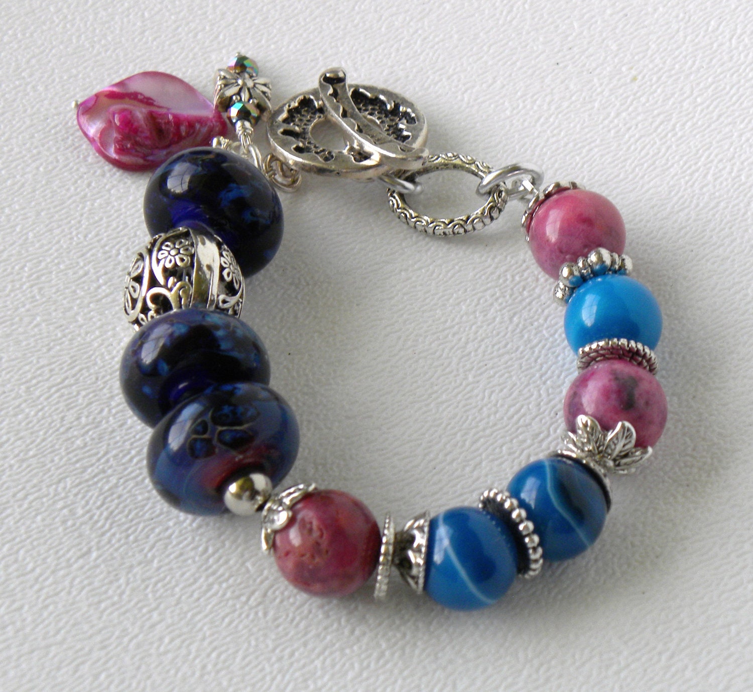 Tutti Frutti Handmade Beaded Bracelet Boro Lampwork Glass Ruby Lace Agate Blue Line Agate