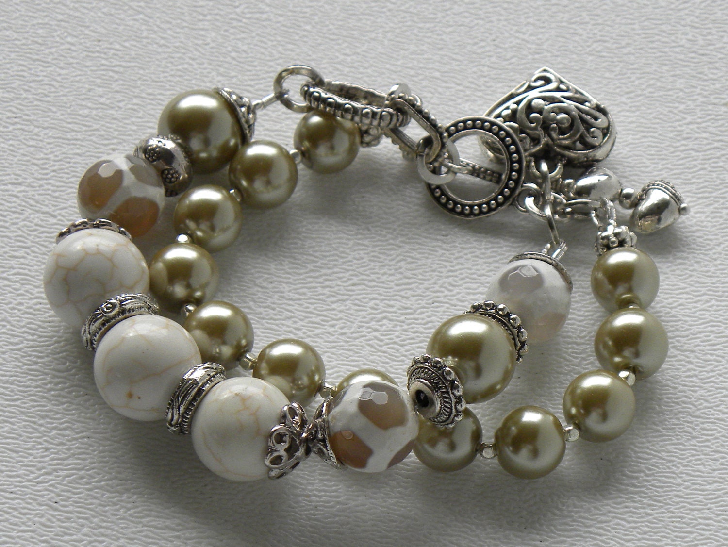 Sophie Handmade Beaded Bracelet Agate White Turquoise Taupe Pearls OOAK Jewelry