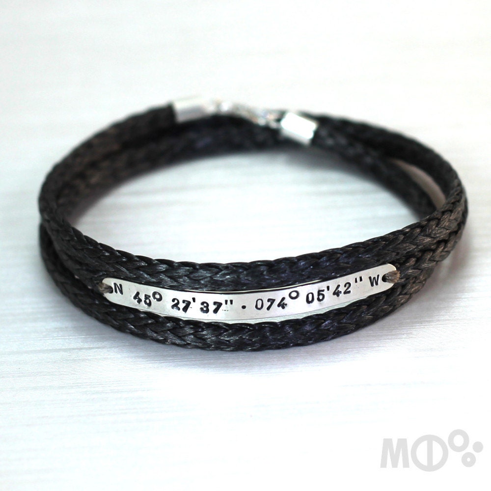 3 turns spectra bracelet, 5mm wide silver plate with longitude latitude engraved